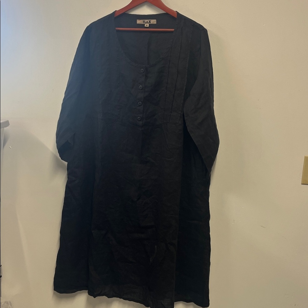 New FLAX Black Linen Maxi Dress Long Sleeve Scoop Neck Pleats & Buttons sz.10-14